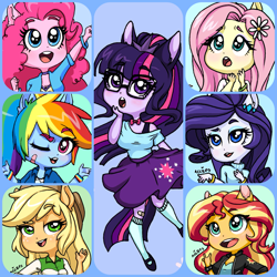 Size: 1800x1800 | Tagged: safe, artist:ameliacostanza, imported from derpibooru, applejack, fluttershy, pinkie pie, rainbow dash, rarity, sci-twi, sunset shimmer, twilight sparkle, equestria girls, bandaid, blue background, blushing, boots, bowtie, bra, bra strap, bracelet, breasts, busty applejack, busty fluttershy, busty pinkie pie, busty sunset shimmer, busty twilight sparkle, chibi, cleavage, clothes, compression shorts, converse, cowboy boots, cowboy hat, cowgirl, cute, dashabetes, devil horn (gesture), diapinkes, digital art, eyeshadow, female, freckles, glasses, happy, hat, humane five, humane seven, humane six, jackabetes, jeans, jewelry, lidded eyes, lipstick, makeup, one eye closed, open mouth, pants, ponied up, pony ears, ponytail, rainbow socks, raribetes, ripped jeans, sassy, shimmerbetes, shoes, shrug, shyabetes, simple background, skirt, smiling, socks, solo, stetson, striped socks, sweatband, tail, twiabetes, underwear, wink