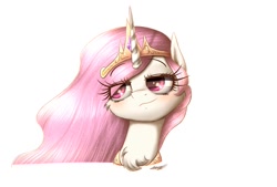 Size: 1600x1080 | Tagged: safe, alternate version, artist:phoenixrk49, imported from derpibooru, princess celestia, alicorn, pony, blushing, crown, jewelry, pink-mane celestia, regalia, simple background, solo, white background