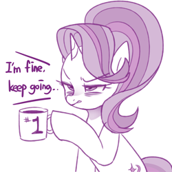 Size: 2600x2600 | Tagged: safe, artist:maren, imported from derpibooru, starlight glimmer, pony, unicorn, #1, bags under eyes, dexterous hooves, dialogue, doodle, female, hoof hold, horn, mare, monochrome, mug, simple background, solo, tired, white background