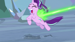 Size: 1920x1080 | Tagged: safe, imported from derpibooru, screencap, starlight glimmer, pony, unicorn, season 9, the ending of the end, spoiler:s09, blast, eyes closed, female, frown, implied queen chrysalis, magic, magic blast, mare, open mouth, screaming, solo, teeth, you know for kids