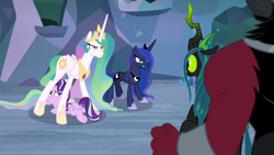 Size: 1920x1080 | Tagged: safe, imported from derpibooru, screencap, lord tirek, princess celestia, princess luna, queen chrysalis, starlight glimmer, alicorn, centaur, changeling, changeling queen, pony, unicorn, season 9, the ending of the end, angry, butt, celestia is not amused, female, frown, glare, gritted teeth, looking at each other, looking at someone, looking back, luna is not amused, lying down, male, mama bear, mare, momlestia fuel, plot, prone, protecting, scared, tired, ultimate chrysalis, unamused