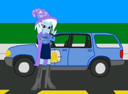 Size: 1280x939 | Tagged: safe, imported from derpibooru, trixie, equestria girls, boots, car, clothes, female, ford explorer, gun, hairpin, handgun, hat, high heel boots, pistol, road, rubber boots, shoes, skirt, solo, trixie's cape, trixie's hat