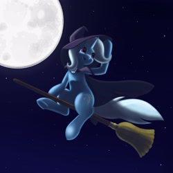 Size: 2560x2560 | Tagged: safe, artist:aquaticvibes, imported from derpibooru, trixie, pony, unicorn, broom, female, flying, flying broomstick, hat, mare, moon, night, solo, stars, witch hat