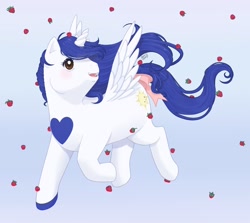 Size: 1920x1710 | Tagged: safe, artist:reachfarhigh, imported from derpibooru, oc, oc:princess radiant eclipse, oc:radiant eclipse, alicorn, accessories, accessory, alicorn oc, blue mane, blushing, brown eyes, commission, eyelashes, flying, futurehooves, g1 style, heart mark, horn, long mane, long tail, looking up, markings, next gen:futurehooves, next generation, offspring, open mouth, parent:pipsqueak, parent:princess luna, parents:lunapip, raspberry, ribbon, simple background, smiling, tongue out, wings