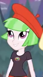 Size: 192x345 | Tagged: safe, imported from derpibooru, screencap, watermelody, equestria girls, legend of everfree, background human, beret, camp everfree logo, camp everfree outfits, clothes, cropped, female, hat, looking up, shirt, solo, t-shirt