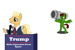 Size: 1220x810 | Tagged: safe, artist:swiftgaiathebrony, imported from derpibooru, oc, oc only, earth pony, pegasus, pony, american politics, assassination, bipedal, donald trump, duo, graveyard of comments, gun, make america great again, make equestria great again, male, microphone, necktie, op has an opinion, op is a duck, open mouth, politics, politics in the comments, ponified, rocket launcher, simple background, stallion, trump, weapon, white background