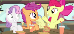 Size: 455x209 | Tagged: safe, imported from derpibooru, screencap, apple bloom, scootaloo, sweetie belle, earth pony, pegasus, pony, unicorn, twilight time, background pony, bipedal, burger, cutie mark crusaders, drink, female, filly, food, french fries, hay burger, looking at each other, shocked, shocked expression