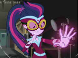 Size: 1392x1048 | Tagged: safe, imported from derpibooru, screencap, masked matter-horn, sci-twi, twilight sparkle, equestria girls, movie magic, spoiler:eqg specials, clothes, costume, cropped, glowing hands, power ponies, solo