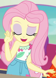 Size: 635x887 | Tagged: safe, screencap, applejack, fluttershy, equestria girls, equestria girls series, spring breakdown, spoiler:eqg series (season 2), clothes, cloud, cropped, cruise, cruise ship, cute, eyes closed, female, flower, heart, leaf, pockets, raised eyebrow, shorts, shyabetes, sleeveless, smiling, spring break, talking, yacht