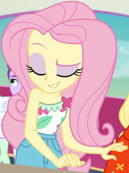 Size: 1531x2045 | Tagged: safe, screencap, applejack, fluttershy, equestria girls, equestria girls series, spring breakdown, spoiler:eqg series (season 2), clothes, cloud, cropped, cruise, cruise ship, cute, eyes closed, female, flower, heart, leaf, pockets, raised eyebrow, shorts, shyabetes, sleeveless, smiling, spring break, talking, towels, yacht