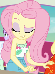 Size: 664x883 | Tagged: safe, screencap, applejack, fluttershy, equestria girls, equestria girls series, spring breakdown, spoiler:eqg series (season 2), clothes, cloud, cropped, cruise, cruise ship, cute, eyes closed, female, flower, heart, leaf, pockets, raised eyebrow, shorts, shyabetes, sleeveless, smiling, spring break, yacht