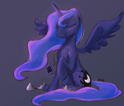 Size: 2198x1880 | Tagged: safe, artist:kam, deleted from derpibooru, imported from derpibooru, princess luna, alicorn, pony, dark background, eyes closed, female, mare, mp3 player, raised hoof, simple background, sitting, smiling, solo, spread wings, wings, zune hd