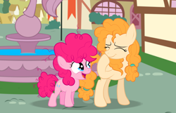 Size: 3864x2486 | Tagged: safe, artist:squipycheetah, imported from derpibooru, pear butter, pinkie pie, earth pony, pony, curly hair, cute, description at source, description is relevant, diapinkes, duo, female, filly, filly pinkie pie, fountain, giggling, happy, headcanon, headcanon at source, mare, pearabetes, ponyville, smiling, younger, younger pinkie pie