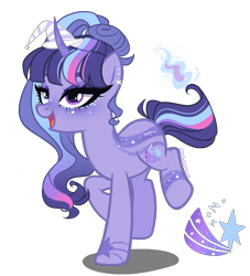 Size: 1500x1650 | Tagged: safe, artist:gihhbloonde, artist:meimisuki, imported from derpibooru, oc, oc only, pony, unicorn, adoptable, base used, ear piercing, earring, eyeshadow, female, freckles, hat, jewelry, magical lesbian spawn, makeup, mare, markings, multicolored hair, offspring, open mouth, parent:trixie, parent:twilight sparkle, parents:twixie, piercing, raised hoof, raised leg, simple background, solo, tattoo, transparent background, witch hat