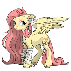 Size: 1024x1024 | Tagged: artist needed, source needed, safe, alternate version, imported from derpibooru, fluttershy, pegasus, pony, pony creator, alternate cutie mark, alternate design, bandage, cute, feather, freckles, pale belly, shyabetes, simple background, solo, transparent background