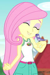 Size: 442x662 | Tagged: safe, imported from derpibooru, screencap, fluttershy, bird, equestria girls, legend of everfree, legend of everfree - bloopers, clothes, cropped, female, sleeveless, smiling, tanktop