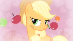 Size: 1920x1080 | Tagged: safe, imported from derpibooru, screencap, applejack, earth pony, season 4, simple ways, apple, applejack's hat, bedroom eyes, cowboy hat, female, food, hat, heart, looking at you, mare, offscreen character, pov, sexy, smiling, stupid sexy applejack