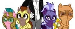 Size: 1209x467 | Tagged: safe, artist:neuro, imported from derpibooru, oc, oc only, oc:anonymous, oc:artemis sparkshower, oc:honour bound, oc:lily glamerspear, oc:purity ebonshield, bat pony, earth pony, pegasus, unicorn, fanfic:everyday life with guardsmares, /mlp/, 4chan, armor, bat pony oc, bat wings, clothes, earth pony oc, everyday life with guardsmares, gloves, helmet, horn, night guard, pegasus oc, royal guard, simple background, suit, transparent background, unicorn oc, unshaded, wings