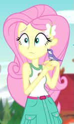Size: 323x543 | Tagged: safe, imported from derpibooru, screencap, fluttershy, bird, equestria girls, legend of everfree, legend of everfree - bloopers, chickadee (bird), clothes, cropped, female, sleeveless, tanktop