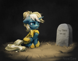 Size: 2000x1561 | Tagged: safe, artist:inowiseei, imported from derpibooru, oc, oc only, oc:maple parapet, pony, unicorn, armor, crying, female, freckles, gravestone, guardsmare, horn, mare, royal guard, sad, sitting, solo