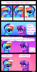 Size: 1992x3901 | Tagged: safe, artist:aaa-its-spook, imported from derpibooru, rainbow dash, twilight sparkle, pegasus, unicorn, may the best pet win, blushing, bubblegum, comic, dialogue, female, food, gum, hat, lesbian, shipping, sunglasses, twidash