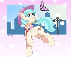 Size: 756x605 | Tagged: safe, artist:vinilyart, imported from derpibooru, coco pommel, butterfly, earth pony, pony, female, hat, mare, solo, streetlight