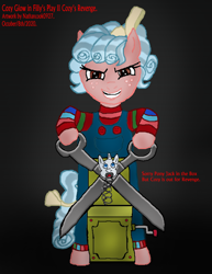 Size: 636x825 | Tagged: safe, artist:nathancook0927, imported from derpibooru, cozy glow, pegasus, pony, semi-anthro, bipedal, child's play, chucky, crossover, female, filly, jack-in-the-box, looking at you, scissors