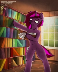 Size: 2400x3000 | Tagged: safe, artist:phlerius, imported from derpibooru, oc, oc only, pony, unicorn, bipedal, book, bookshelf, digital art, library, reading, room, solo, window