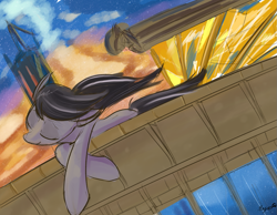 Size: 1099x852 | Tagged: safe, artist:skunkstripe, imported from derpibooru, octavia melody, pony, balcony, building, rooftop, solo, sunset