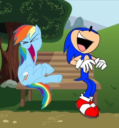 Size: 1007x1080 | Tagged: safe, artist:animatedjames, imported from derpibooru, screencap, rainbow dash, oc, oc:animatedjames, bench, cropped, i can't believe it's not hasbro studios, laughing, sonic the hedgehog, sonic the hedgehog (series)