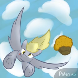 Size: 2200x2200 | Tagged: safe, artist:phlerius, imported from derpibooru, derpy hooves, pegasus, pony, cloud, digital art, flying, food, muffin, my little pony, sky, solo, tongue out