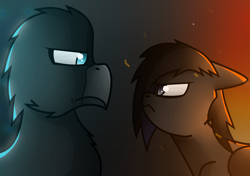 Size: 2000x1407 | Tagged: safe, artist:somber, imported from derpibooru, oc, oc only, griffon, pegasus, pony, angry, duo, emo, fire, light, male, rivalry