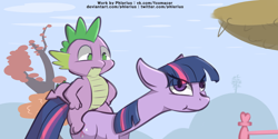 Size: 4000x2000 | Tagged: safe, artist:phlerius, imported from derpibooru, spike, twilight sparkle, pony, unicorn, fall weather friends, digital art, duo, eye clipping through hair, horsebackriding, long neck, my little pony, scene interpretation, spike riding twilight, tree, tree branch, unicorn twilight