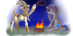 Size: 1024x512 | Tagged: safe, artist:ghouleh, imported from derpibooru, oc, oc only, oc:nana, oc:wisp, goat, pony, bag, campfire, cutie mark, female, fire, mare, nanny goat, night, rope, shadow, simple background, stars, stories, transparent background