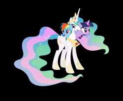 Size: 947x785 | Tagged: safe, artist:theunknowenone1, imported from derpibooru, princess celestia, rainbow dash, twilight sparkle, alicorn, pony, 1000 years in photoshop, alicornified, conjoined, fusion, multiple heads, race swap, rainbowcorn, three heads, twilight sparkle (alicorn), wat, we have become one