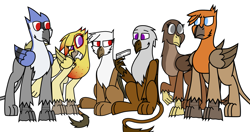 Size: 1897x1000 | Tagged: safe, artist:somber, imported from derpibooru, oc, oc only, oc:amalia silverwing, oc:carmelita galeforce, oc:isaac, oc:kasimir longtalons, oc:leigh, oc:serge swiftwing, griffon, fallout equestria, colored, fallout equestria: longtalons, female, flat colors, group, gun, male, weapon