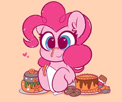 Size: 3100x2600 | Tagged: safe, artist:kittyrosie, imported from derpibooru, pinkie pie, earth pony, pony, blushing, cake, candy, chocolate, cookie, cute, diapinkes, ear fluff, floating heart, food, halloween, heart, heart eyes, high res, holiday, icing bag, icing on nose, solo, wingding eyes