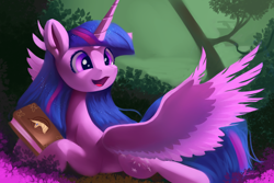 Size: 4200x2800 | Tagged: safe, artist:auroriia, imported from derpibooru, twilight sparkle, alicorn, pony, book, book of harmony, colored wings, concave belly, cute, female, forest, happy birthday mlp:fim, lying down, mare, prone, slim, smiling, solo, spread wings, thin, twiabetes, twilight sparkle (alicorn), two toned wings, wings