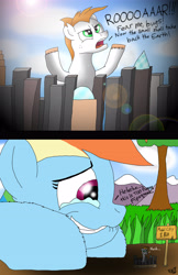 Size: 3269x5046 | Tagged: safe, artist:vanillabeam, imported from derpibooru, rainbow dash, oc, oc:vanilla beam, earth pony, pegasus, pony, giant pony, macro, micro, model city, pretending to be giant pony, there's always a bigger fish