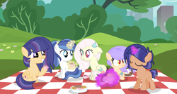 Size: 3388x1820 | Tagged: safe, artist:stellamoonshine, artist:stellamoonshineyt, imported from derpibooru, oc, oc:blue diamond, oc:cosmos, oc:disnet, oc:starlight harmony, oc:starline sentry, oc:twinkle galaxy sentry, earth pony, hybrid, pegasus, pony, unicorn, female, filly, interspecies offspring, offspring, parent:discord, parent:fancypants, parent:flash sentry, parent:fluttershy, parent:rarity, parent:twilight sparkle, parents:discoshy, parents:flashlight, parents:raripants, picnic blanket