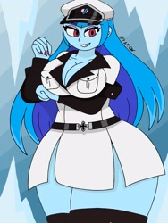 Size: 1932x2576 | Tagged: safe, artist:c_w, imported from derpibooru, sonata dusk, equestria girls, akame ga kill!, arm under breasts, breasts, busty sonata dusk, cleavage, esdeath, eyelashes, eyeshadow, looking at you, makeup, nail polish, plump, smiling, thighs