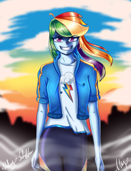 Size: 3840x5000 | Tagged: safe, artist:melanyschaffer, artist:opal_radiance, imported from derpibooru, rainbow dash, human, equestria girls, equestria girls series, absurd resolution, clothes, cloud, evil grin, eyebrows, eyebrows visible through hair, female, grin, looking at you, mountain, png, remake, shirt, signature, sky, smiling, smiling at you, solo, sunset