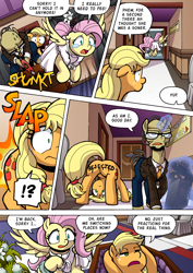 Size: 1204x1700 | Tagged: safe, artist:tarkron, imported from derpibooru, applejack, fluttershy, oc, oc:fund guard, earth pony, pegasus, pony, unicorn, comic:what happens in las pegasus, applebutt, applejack is a spankaholic, applejack's hat, axe, butt, clothes, comic, cowboy hat, crying, dress, elegant, eyes closed, fail, feather, female, flower, glasses, glowing, glowing horn, hat, horn, magic, mare, need to pee, old, open mouth, playing dead, plot, potty time, radio, rejected, running, spanking, stamp, tears of pain, teary eyes, telekinesis, toilet, weapon, wedding dress