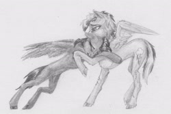 Size: 2279x1524 | Tagged: safe, artist:joestick, imported from derpibooru, rainbow dash, scootaloo, pegasus, pony, crying, female, females only, hug, injured, monochrome, traditional art