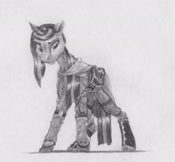 Size: 1861x1722 | Tagged: safe, artist:joestick, imported from derpibooru, twilight sparkle, pony, unicorn, bag, boots, clothes, female, hoodie, mare, monochrome, saddle bag, shoes, solo, traditional art