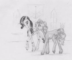 Size: 3478x2916 | Tagged: safe, artist:joestick, imported from derpibooru, pinkie pie, rarity, changeling, earth pony, pony, unicorn, castle, changeling guard, clothes, female, jewelry, jewerly, mare, monochrome, shoes, traditional art, window