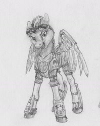 Size: 1372x1734 | Tagged: safe, artist:joestick, imported from derpibooru, rainbow dash, pegasus, pony, armor, female, goggles, looking at you, mare, monochrome, open mouth, spread wings, traditional art, wings