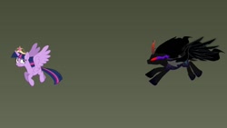 Size: 1024x576 | Tagged: safe, artist:frownfactory, artist:korsoo, artist:venjix5, imported from derpibooru, king sombra, pony of shadows, tempest shadow, twilight sparkle, alicorn, pony, unicorn, princess twilight sparkle (episode), alicornified, armor, big crown thingy, blank eyes, chase, colored horn, corrupted, crown, curved horn, disembodied horn, dragon green background, element of magic, eye scar, female, flying, glowing scar, gradient background, green background, her body has been possessed by sombra, horn, jewelry, looking back, mare, oh no, possessed, race swap, red eyes, regalia, running, scar, simple background, solo, sombra eyes, sombra's horn, spread wings, tempest gets her horn back, tempest gets her wings, tempest gets her wings back, tempest gets wings, tempest with sombra's horn, tempesticorn, twilight sparkle (alicorn), vector, well shit, wings, xk-class end-of-the-world scenario