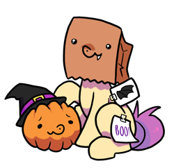 Size: 728x704 | Tagged: safe, artist:paperbagpony, imported from derpibooru, oc, oc only, oc:paper bag, pony, clothes, costume, fake cutie mark, halloween, halloween costume, hat, holiday, pumpkin, simple background, solo, white background, witch hat