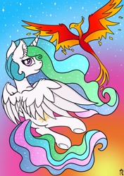 Size: 1600x2271 | Tagged: safe, artist:dawn-designs-art, imported from derpibooru, philomena, princess celestia, alicorn, phoenix, pony, duo, duo female, female, flying, fun, happy, sunrise